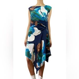 Coquille drape wrapped waist floral waterfall front silk lightweight airy dress